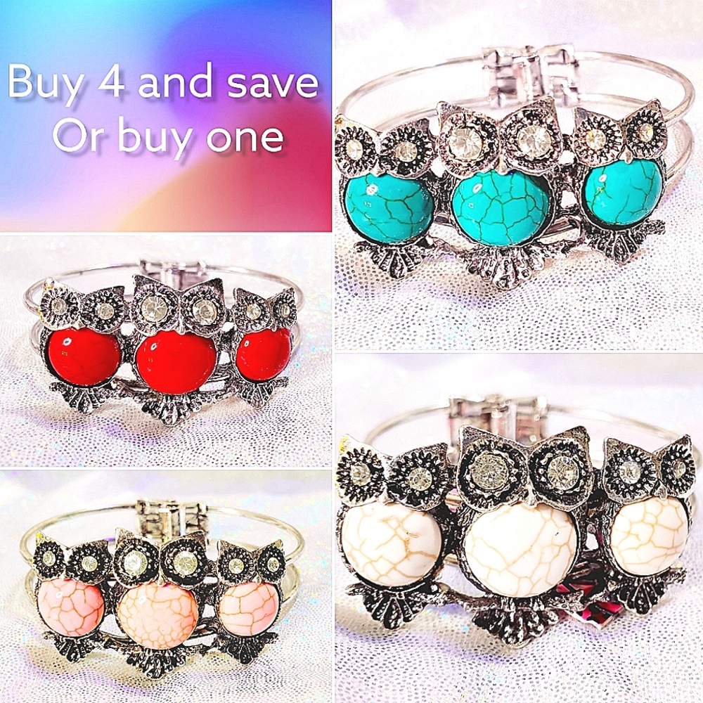 Set of 4 silver crystal red white and blue stone owl family Bracelets